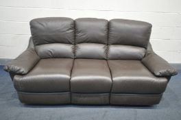 A BROWN LEATHER THREE SEATER RECLINING ARMCHAIR
