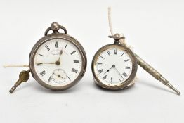 TWO SILVER OPEN FACE POCKET WATCHES, the first with a round white ceramic dial signed ' The