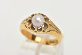 AN EARLY 20TH CENTURY GOLD, CULTURED PEARL RING, a heavy yellow gold tapered ring, set with a