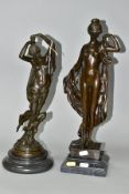 TWO BOXED REPRODUCTION BRONZES OF FEMALE NUDES, one with a cherub, on marble style plinths,