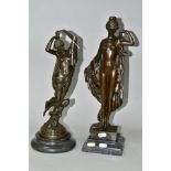 TWO BOXED REPRODUCTION BRONZES OF FEMALE NUDES, one with a cherub, on marble style plinths,