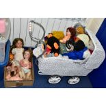 A BOX AND A DOLL'S PRAM OF DOLLS AND SOFT TOYS, comprising a white painted wicker doll's pram height