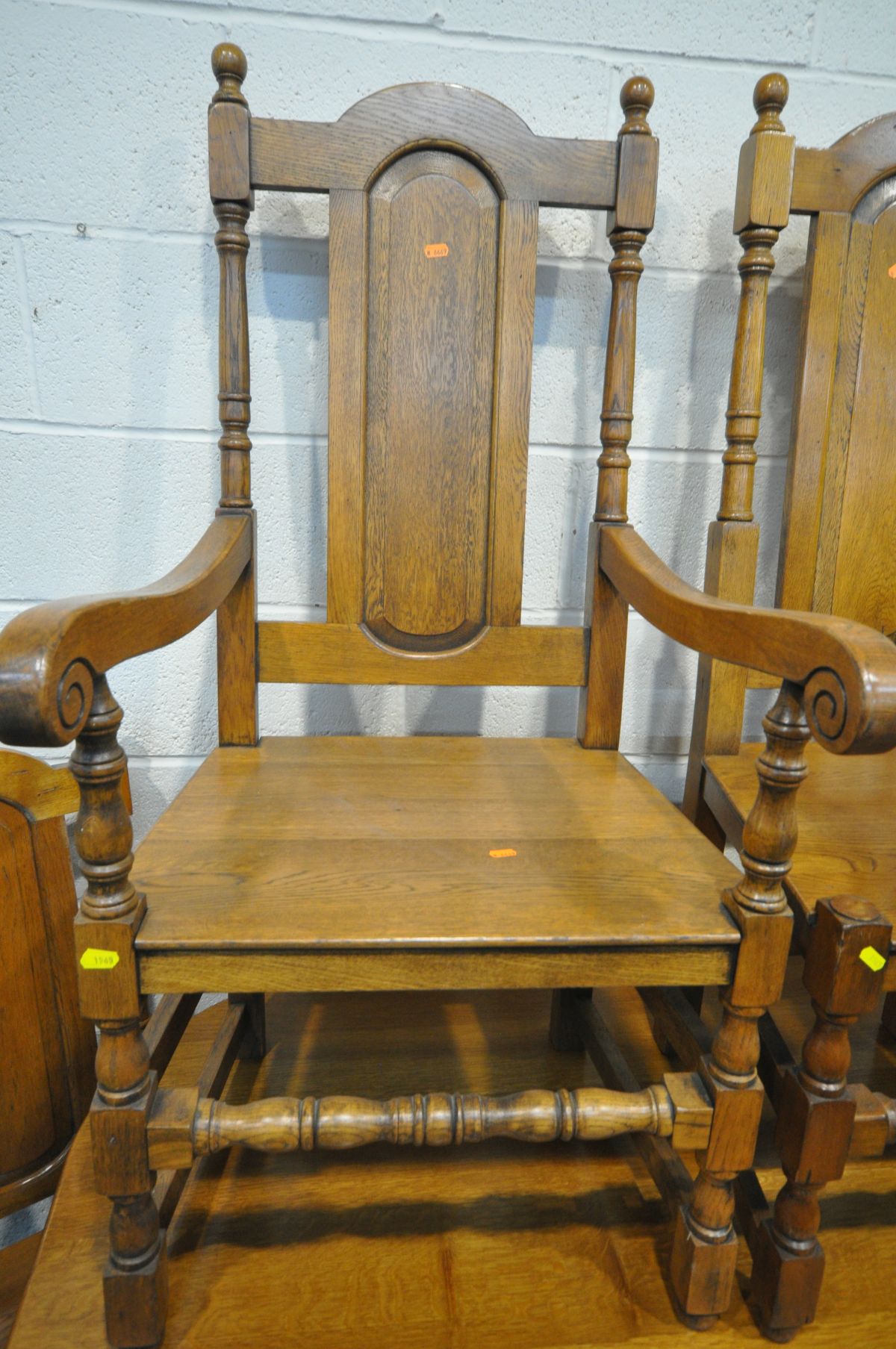 A SET OF TEN LIGHT SOLID OAK HIGH BACK DINING CHAIRS, with fielded panel backs, turned stretchers, - Image 3 of 4
