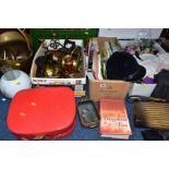 SIX BOXES AND LOOSE BOOKS, METALWARES, SEWING MACHINE, COSTUMES AND ACCESSORIES, LINENS AND SUNDRY