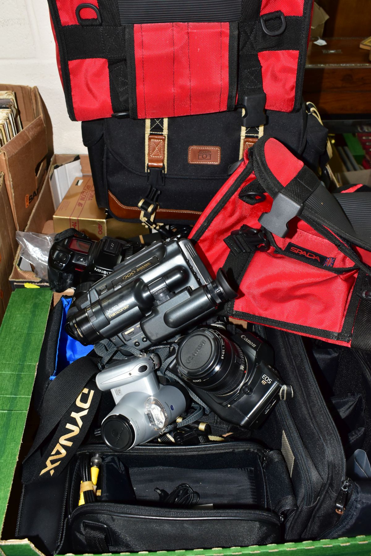 TWO BOXES AND LOOSE CAMERAS AND PHOTOGRAPHIC EQUIPMENT, to include a Canon EOS RT 35mm SLR with f3.5