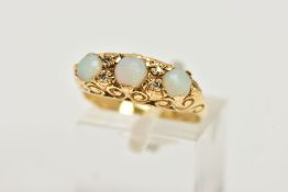 AN 18CT GOLD, OPAL RING, three round oval opal stones accented with four round brilliant cut