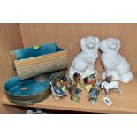 TEN BESWICK ANIMAL AND BIRD FIGURES AND TWO BESWICK VASES/PLANTERS, comprising a pair of white