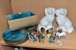 TEN BESWICK ANIMAL AND BIRD FIGURES AND TWO BESWICK VASES/PLANTERS, comprising a pair of white