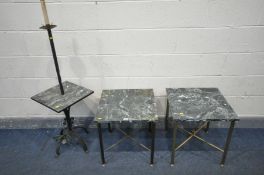 A WROUGHT IRON STANDARD LAMP, with a marbleized central shelf, height 139cm, and a pair of brass and