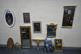 A SELECTION OF WALL MIRRORS, to include a French gilt framed wall mirror, five various other gilt