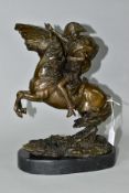 A BOXED REPRODUCTION BRONZE OF NAPOLEON ON HORSEBACK, on a marble style plinth, approximate height