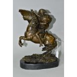 A BOXED REPRODUCTION BRONZE OF NAPOLEON ON HORSEBACK, on a marble style plinth, approximate height