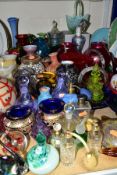 A LARGE GROUP OF COLOURED GLASSWARES, approximately fifty pieces to include a boxed Fenton green