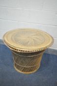 A MID CENTURY CIRCULAR WOVEN RATTAN OCCASIONAL TABLE, with a separate glass top, diameter 71cm x