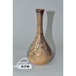 A 'LANCASTRIAN POTTERY' BULBOUS SHAPED BUD VASE, mottled glaze, printed mark, height 14cm (Condition