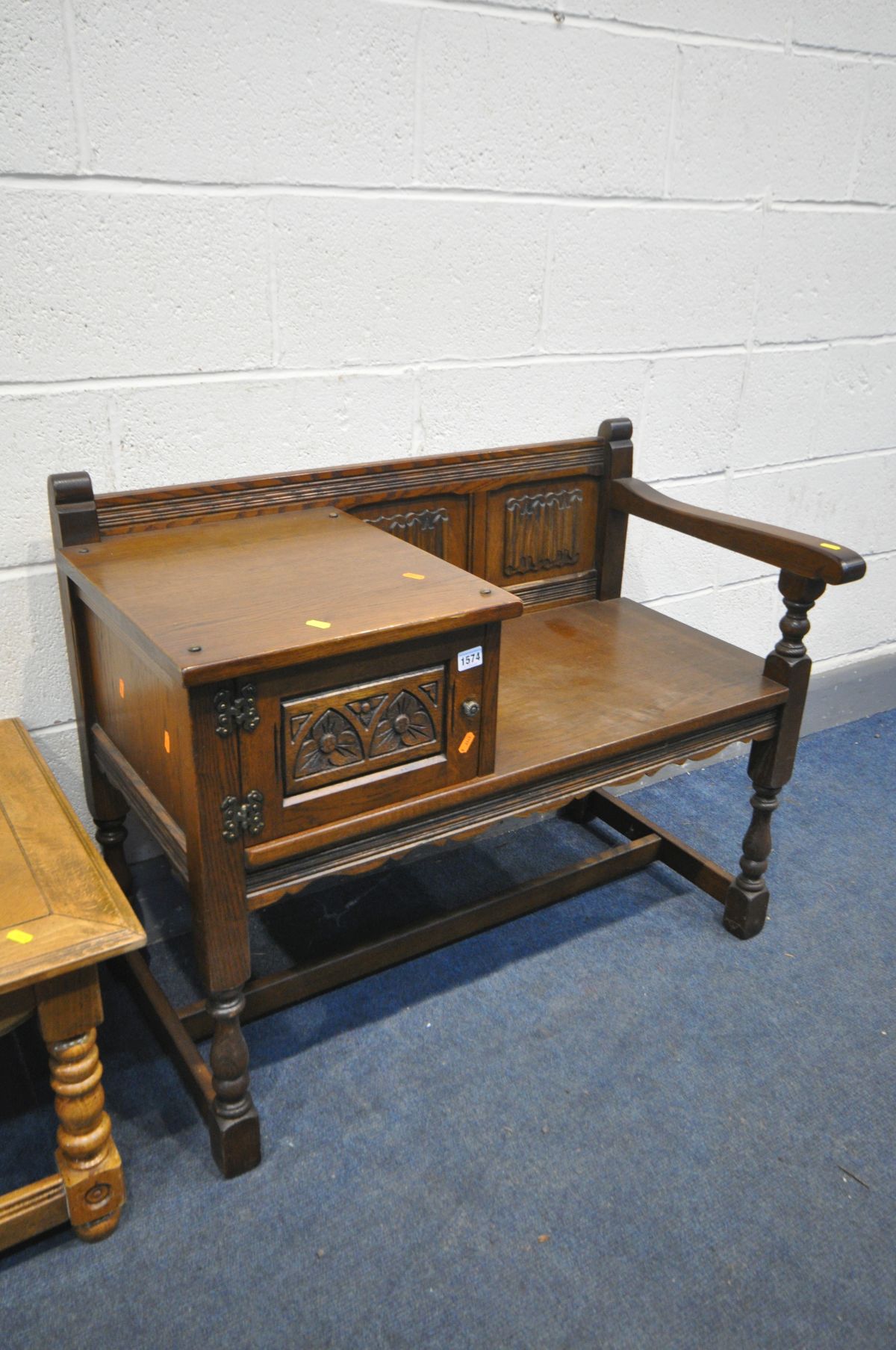 AN OLD CHARM OAK TELEPHONE TABLE/SEAT, width 93cm x depth 47cm x height 75cm, and a hardwood - Image 2 of 3