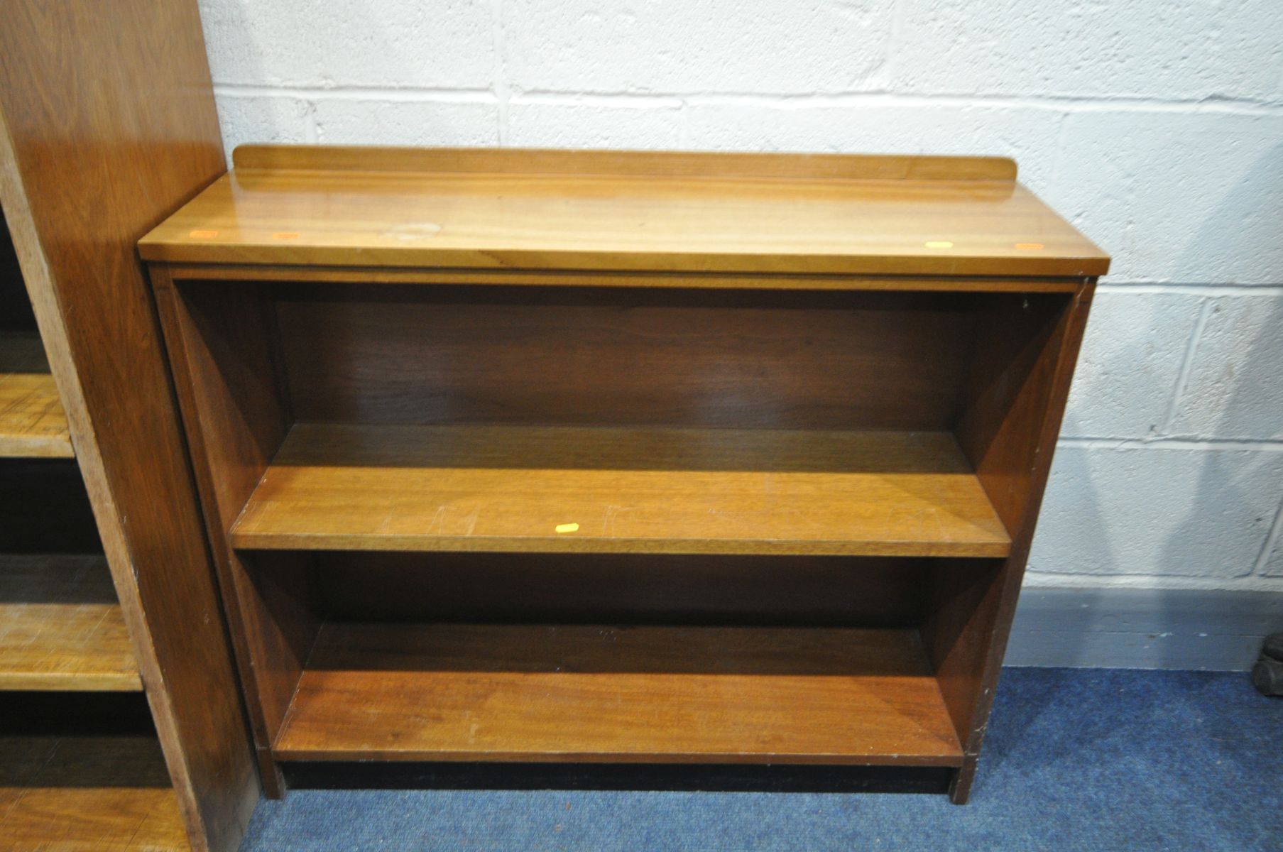 A WALNUT OPEN BOOKCASE, made up of four shelves, width 122cm x depth 42cm x height 118cm, and a teak - Image 3 of 3