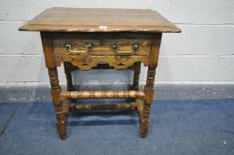 A REPRODUCTION OAK SIDE TABLE WITH A SINGLE DRAWER, on bobbin turned legs, united by turned