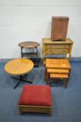 A WICKER SIDE TABLE with two drawers, width 77cm x depth 37cm x height 76cm, a mid-century teak nest