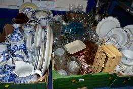 FIVE BOXES OF CERAMICS AND GLASSWARES, to include a thirty two piece Royal Stafford dinner