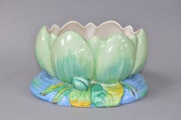 A CLARICE CLIFF NEWPORT POTTERY WATER LILY PLANTER, shape no. 973, green, blue and yellow glazes,