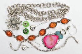 FIVE PIECES OF JEWELLERY AND CHARMS, to include a large Rolo link chain suspending a large flower