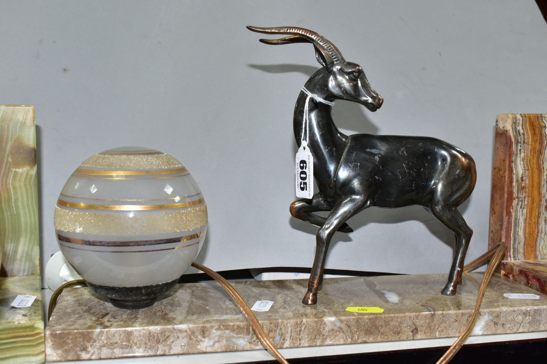 AN ART DECO MARBLE DESK LAMP WITH SPELTER ANTELOPE SCULPTURE, approximate length 35cm, a pair of - Image 2 of 7