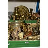 TWO BOXES OF BRASS WARES ETC, to include horse sculptures, horse and plough sculpture, vases,