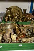 TWO BOXES OF BRASS WARES ETC, to include horse sculptures, horse and plough sculpture, vases,