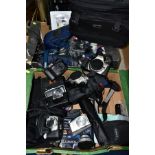 TWO BOXES CONTAINING DIGITAL, FILM AND VIDEO CAMERAS AND EQUIPMENT including a Canon Ixus 220HS in