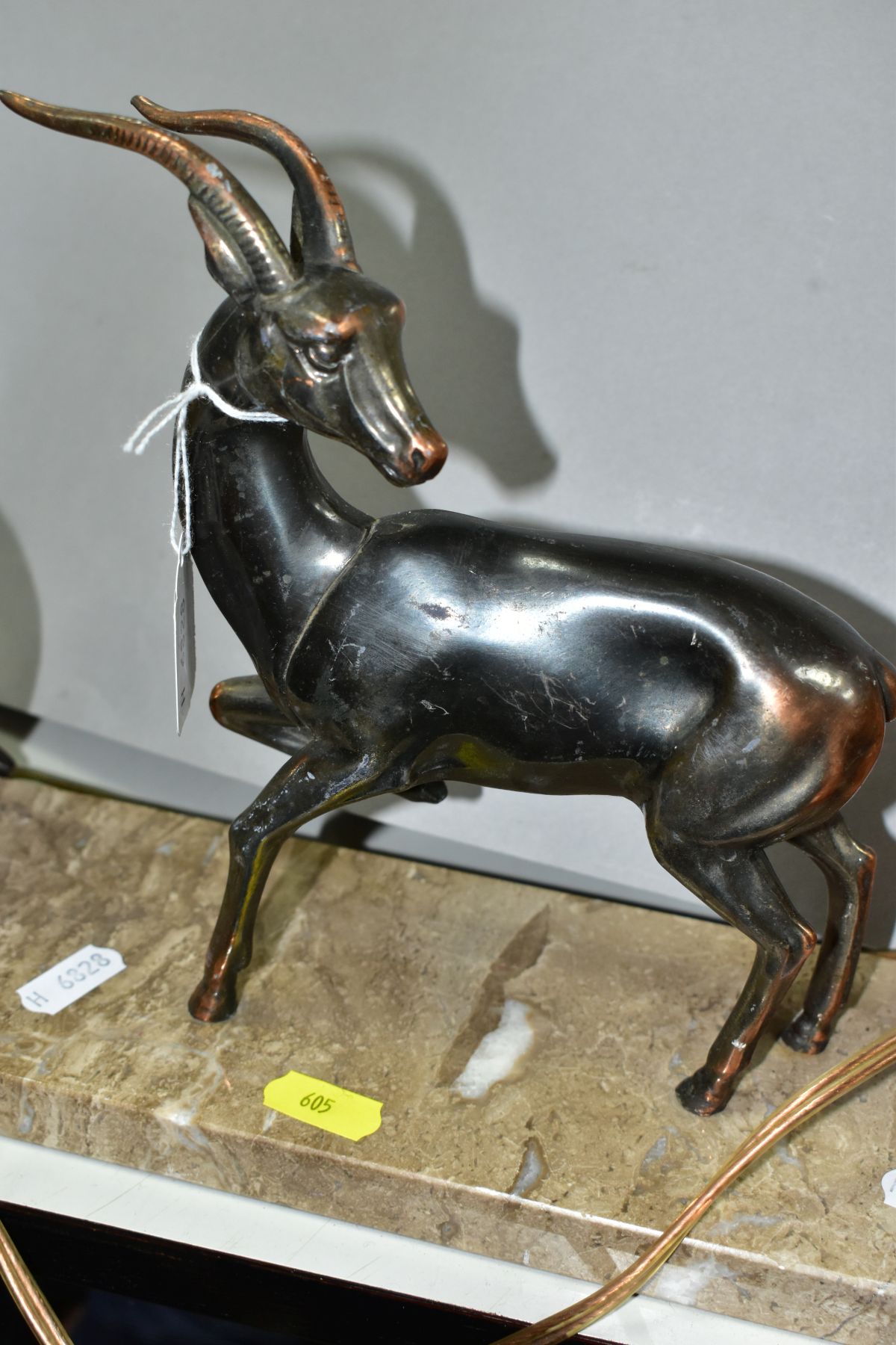 AN ART DECO MARBLE DESK LAMP WITH SPELTER ANTELOPE SCULPTURE, approximate length 35cm, a pair of - Image 7 of 7