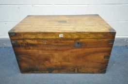 A 19TH CENTURY CAMPHORWOOD CAMPAIGN BLANKET CHEST, with twin handles, width 92cm x depth 56cm x