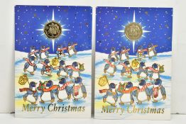 A PAIR OF 1995 GIBRALTAR 50p DIAMOND FINISH CHRISTMAS CARDS WITH MESSAGES TO THE VENDOR FROM