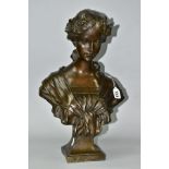 A PATINATED BRONZE BUST, young female with head bowed, garlands in hair and tied shawl over