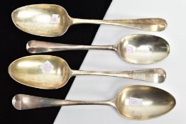 FOUR SILVER TABLESPOONS, to include a Hanoverian style spoon detailed to the reverse of the bowl