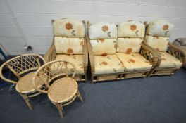 AN MGM THREE PIECE WICKER CONSERVATORY SUITE, comprising a two seater sofa and two armchairs, with