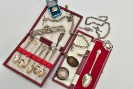 A SELECTION OF SILVER ITEMS, to include a cased set of six silver coffee spoons each set with a
