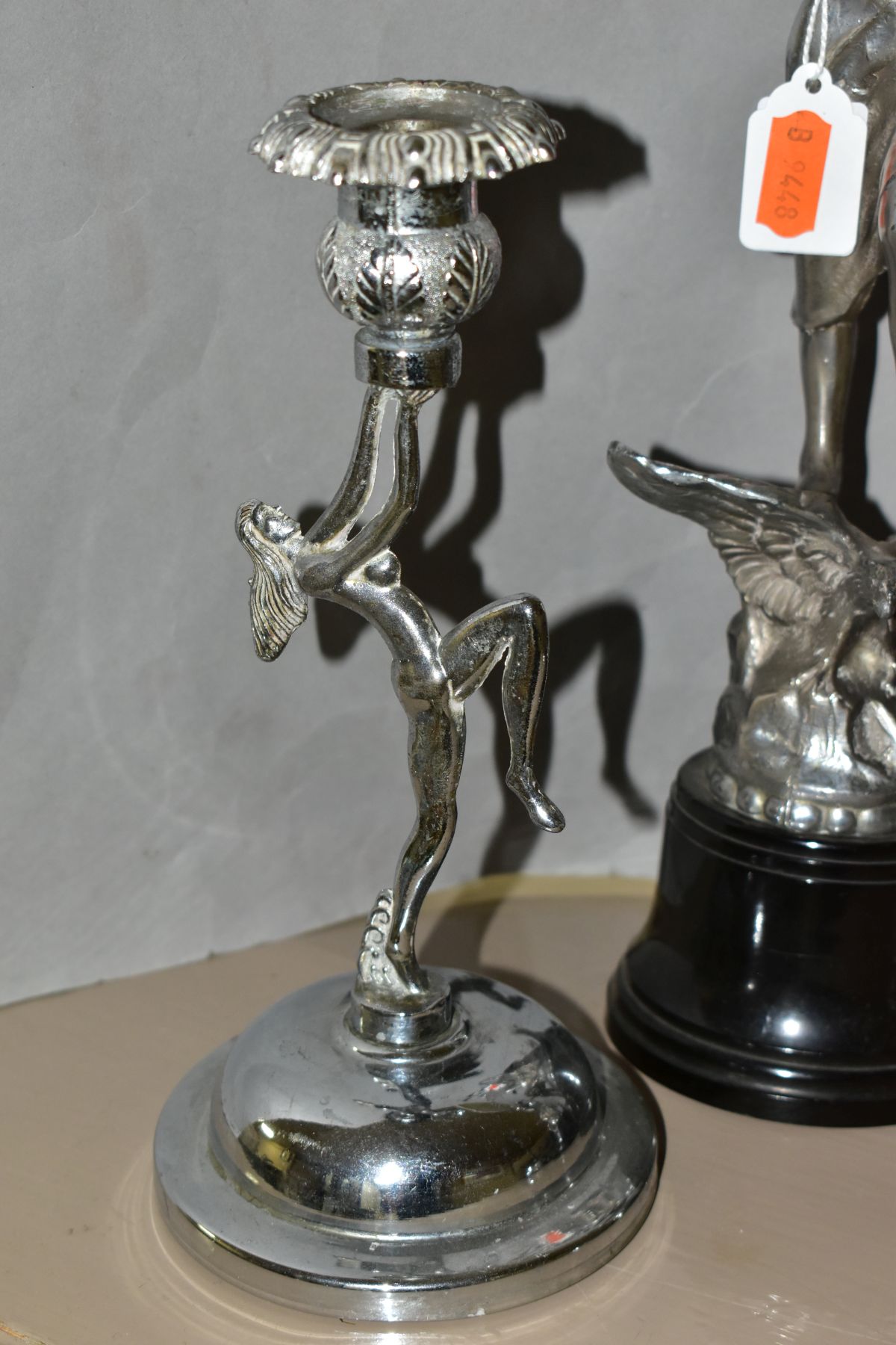 A PAIR OF ART DECO CHROME FIGURES, with a pair of Art Deco chrome candle holders, the chrome figures - Bild 3 aus 7