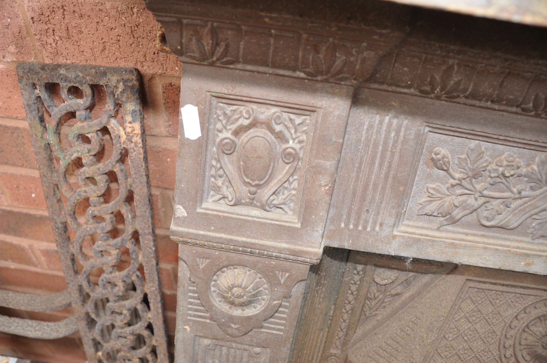 A CAST IRON FIRE SURROUND, with foliate and columned detailing, 'The Scotia' to the centre, along - Image 3 of 3