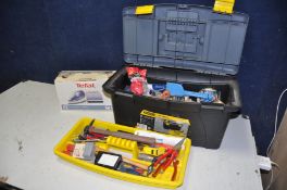 A TOOLBOX OF HANDTOOLS to include pliers, hammers, chisels, grips etc and a Tefal 3680 superglide