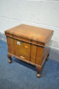 A 20TH CENTURY WALNUT SERPENTINE FRONT SEWING BOX, with a removable tray and single drawer, on