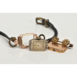 A 9CT GOLD LADIES WRISTWATCH AND LATE 19TH CENTURY BAR BROOCH, a rectangular gold cased ladies
