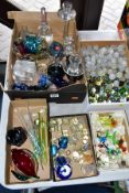 FIVE BOXES OF DECORATIVE GLASSWARES, to include a box of marbles, lampwork creatures, a classical