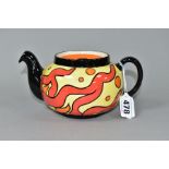 AN OLD ELLEGREAVE POTTERY LORNA BAILEY 'INFERNO' TEA POT AND COVER, of circular form, printed,