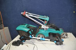 A BOSCH ROTAK 34 ERGOFLEX ELECTRIC LAWN MOWER with grass box and a McCallister 18v Strimmer with