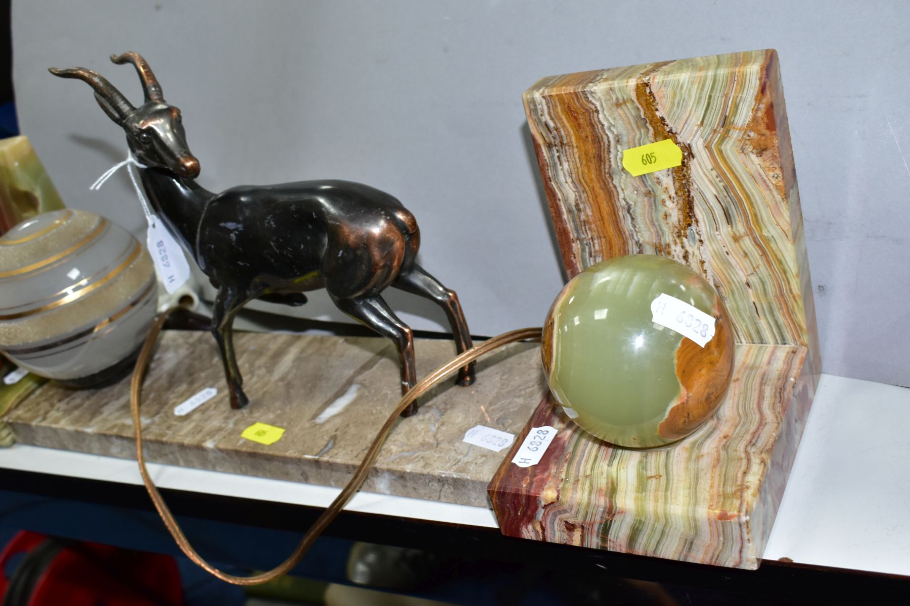 AN ART DECO MARBLE DESK LAMP WITH SPELTER ANTELOPE SCULPTURE, approximate length 35cm, a pair of - Image 5 of 7