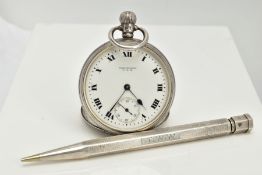 A SILVER 'WALTHAM' OPEN FACE POCKET WATCH AND A PROPELLING PENCIL, the watch with a round white dial