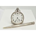 A SILVER 'WALTHAM' OPEN FACE POCKET WATCH AND A PROPELLING PENCIL, the watch with a round white dial