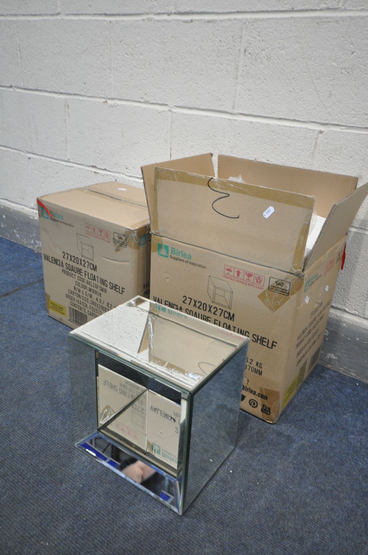 A PAIR OF BIRLEA VALENCIA MIRROR FLOATING SHELVES, width 27cm squared x depth 20cm (good condition)