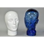 TWO DECORATIVE DISPLAY HEADS IN BLUE GLASS AND WHITE GLAZED CERAMIC, heights 30cm and 27cm (2) (